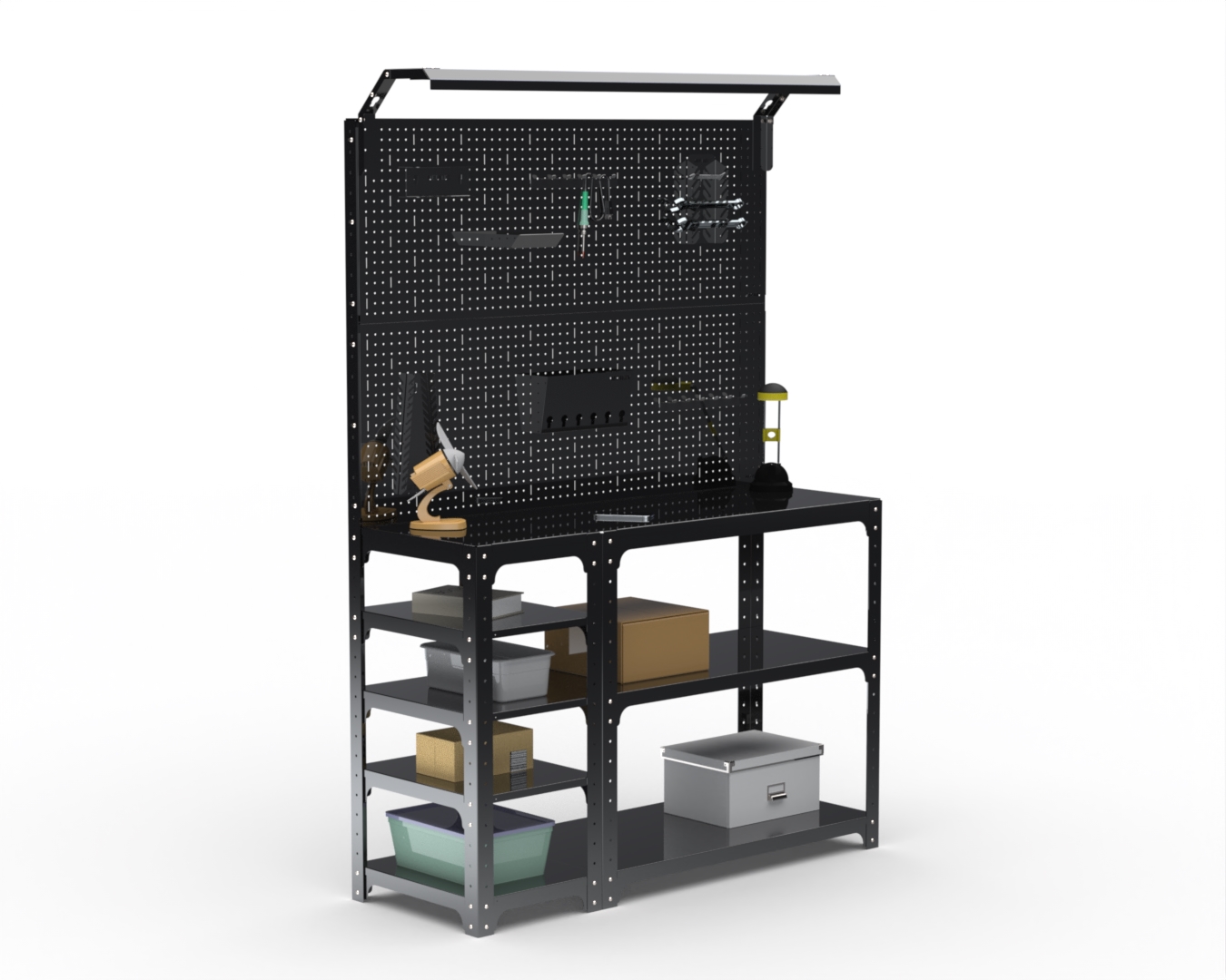 Стол-верстак Metalex серия KIT с боковыми полками, перфопанелью и комплектом освещения