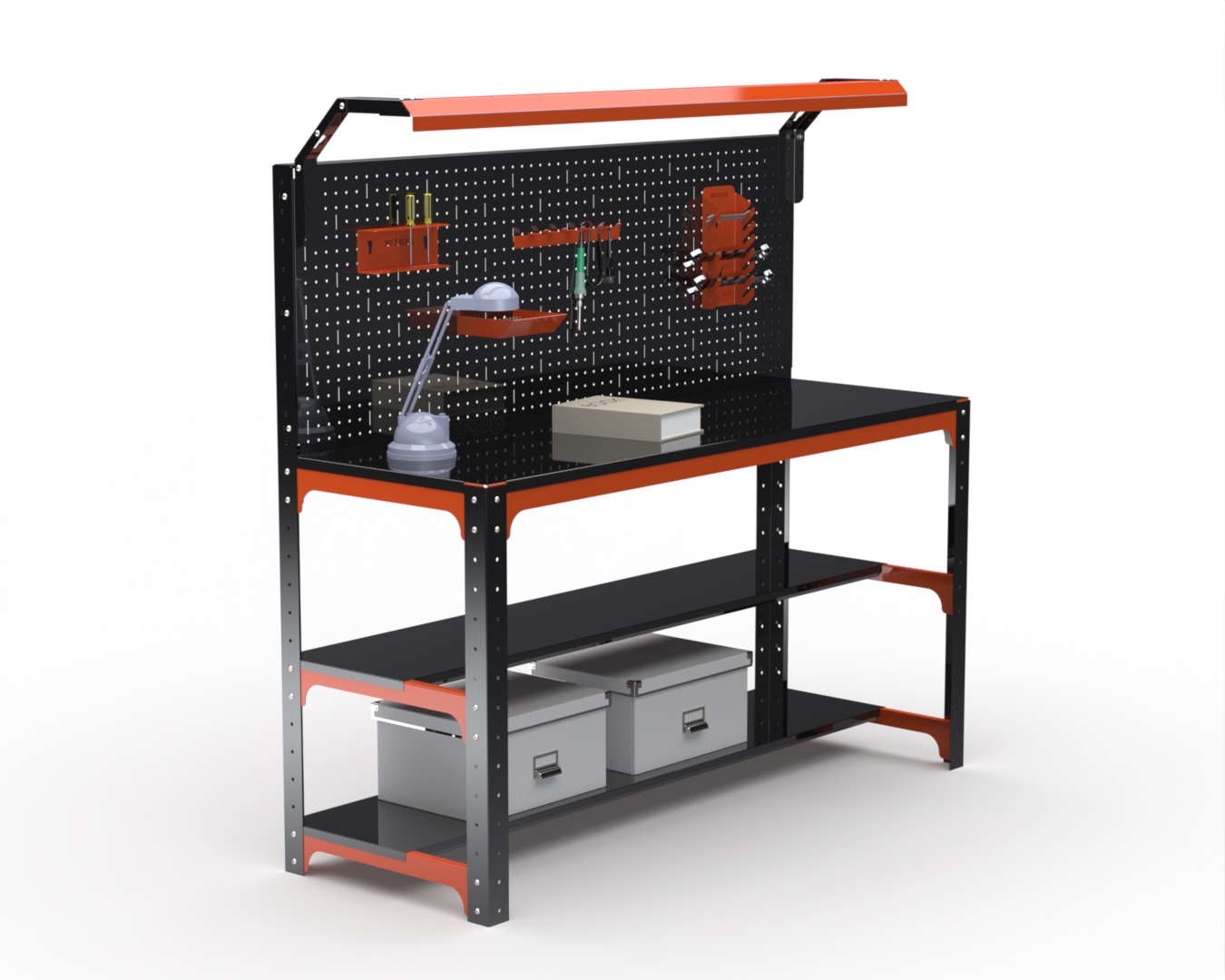 Стол металлический Metalex серия KIT 750х1500х600 (2-е полки + перфопанель с комплектом освещения) (оранжево-черный)